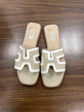 STEVEN Natural Woven Slide Mules with White Trim